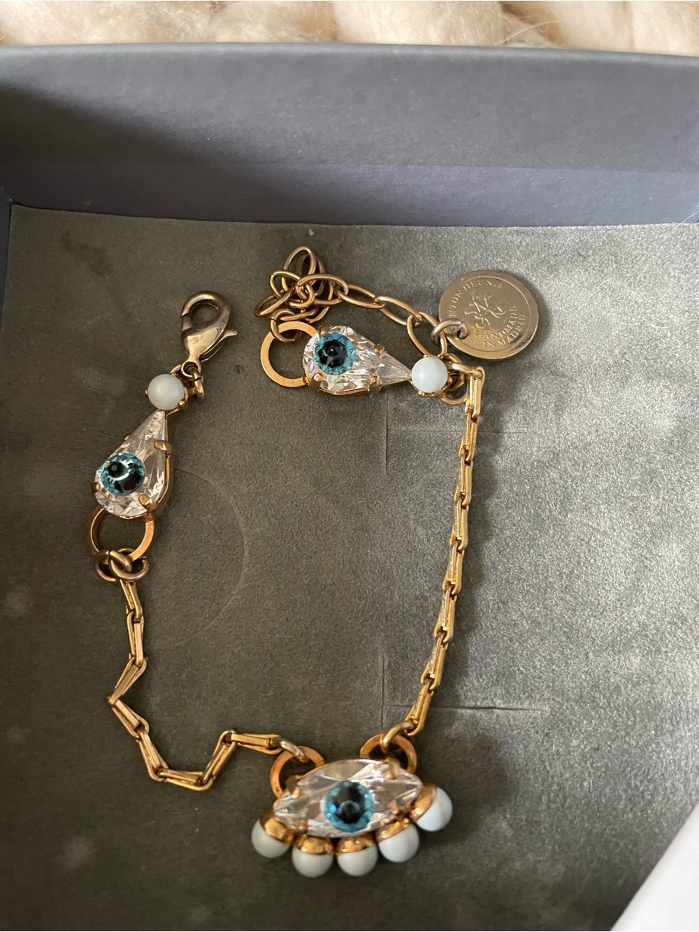 Anton Heunis Blue Crystal Teardrop Bracelet with evil eye and White Beads